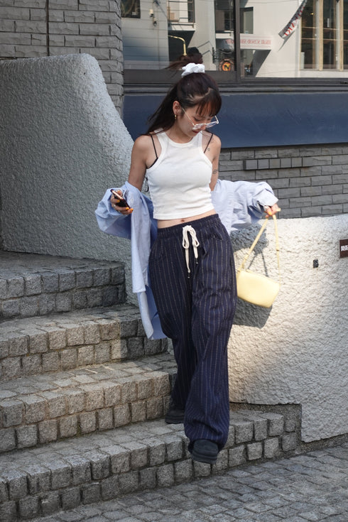リネン混ストライプラフパンツ